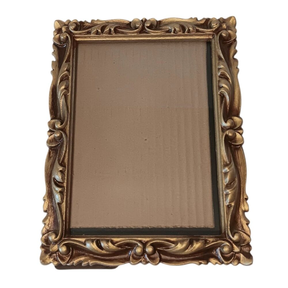 VTG 1973 Gold Bronze Photo Frame Resin Faux Carved Wood Ornate Scroll  8.25x6.25